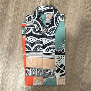 Casual Black and Orange Button Down Shirt with Geometric Patterns